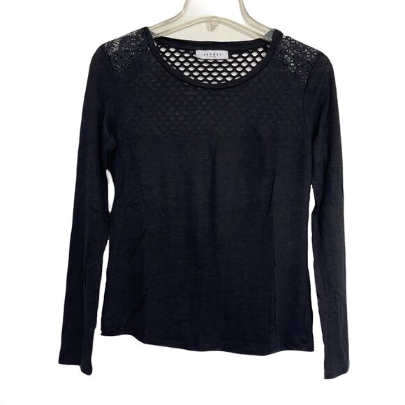 Sandro Paris Linen Lace Mesh Top Size US Small FR 1 Black Emo Punk Whimsigoth - Picture 1 of 8